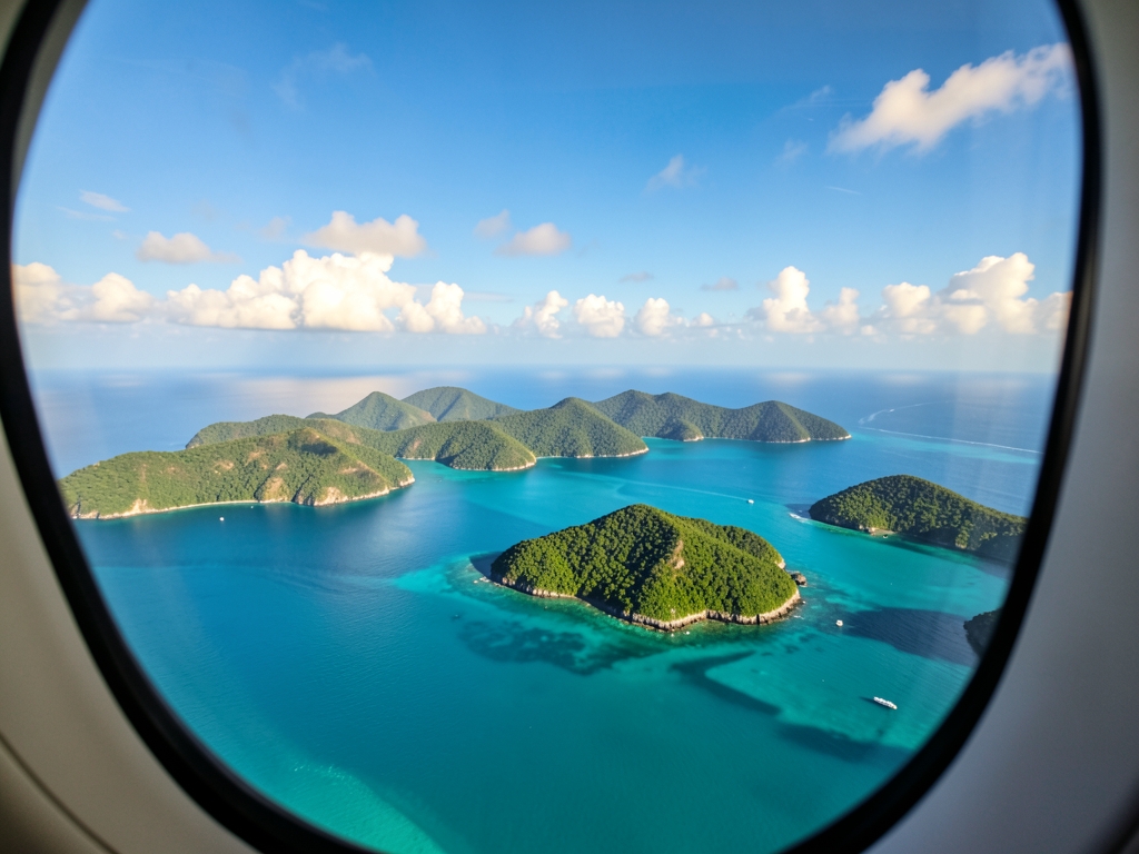 Aerial view green islands turquoise from airplane window