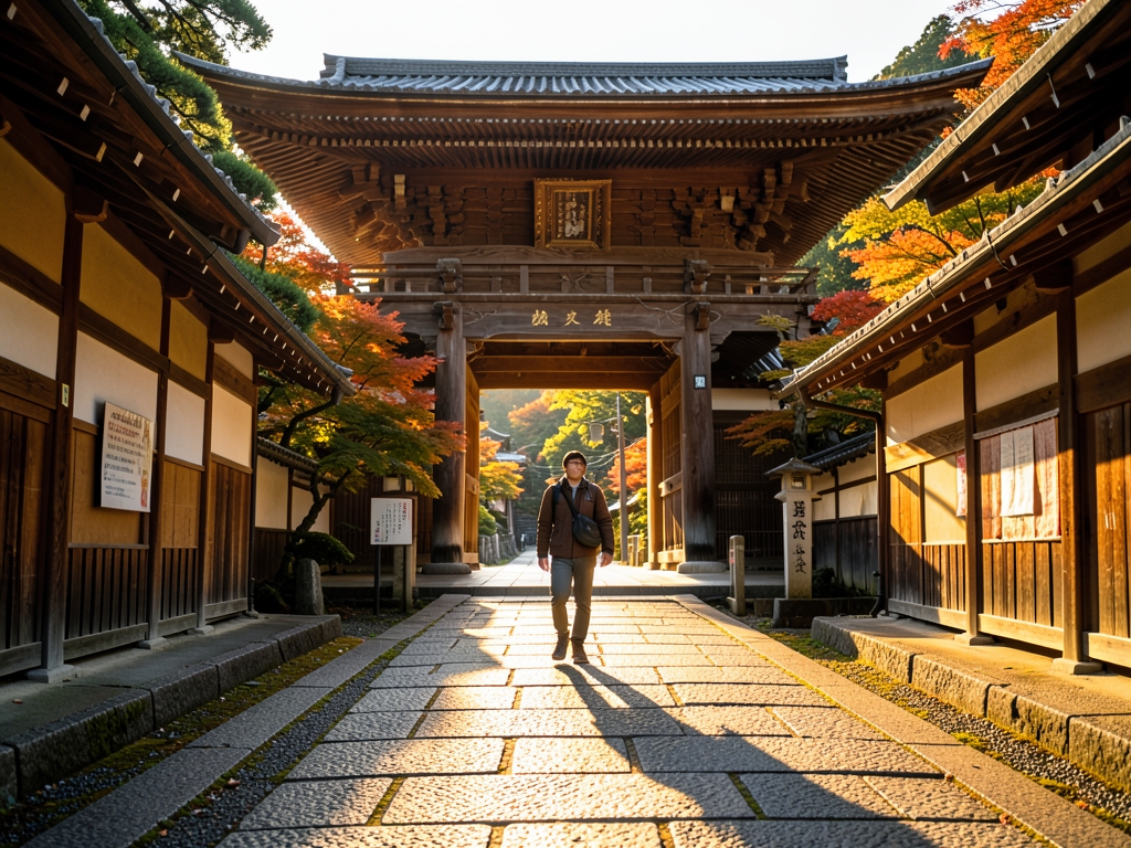 Golden sunset illuminating historic wooden structures Kyoto s Higashiyama