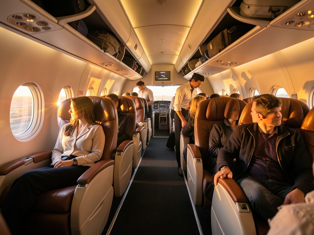 Airplane cabin interior during boarding with premium recliner