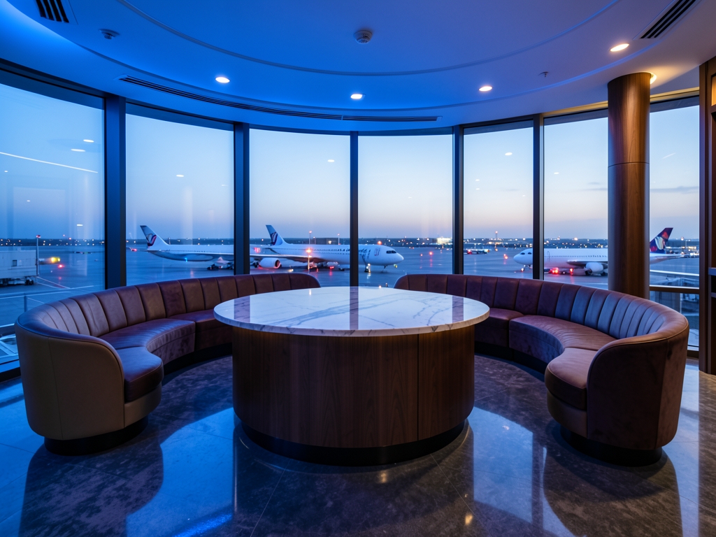Sleek lounge area with curved seating marble counter