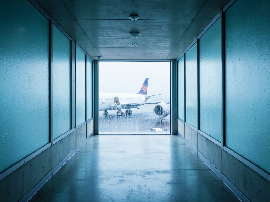 modest departure corridor opening onto distant aircraft with
