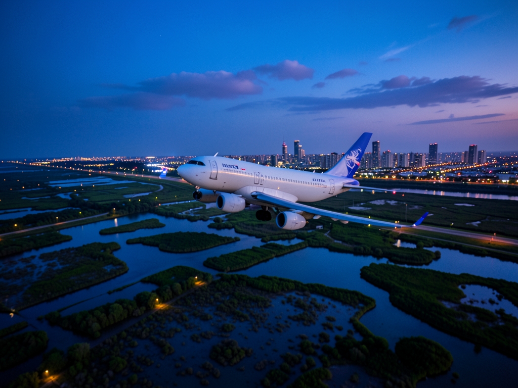 Aerial dusk view commercial banking over coastal wetlands