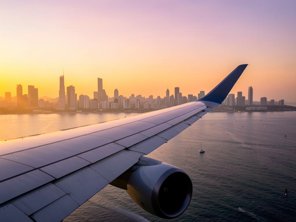 Aircraft wing engine silhouette against golden sunset over