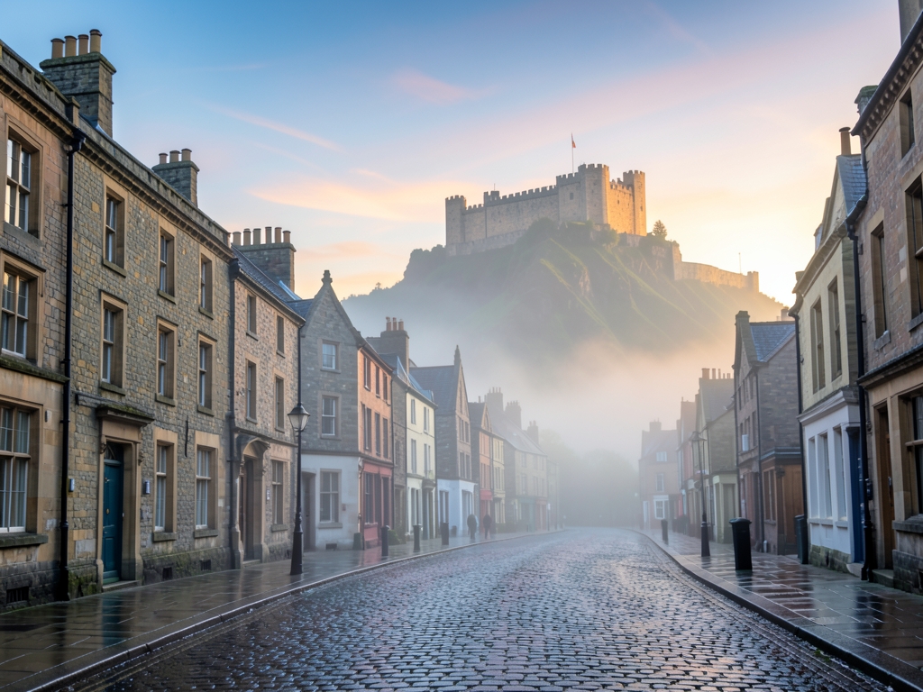 Misty historic Edinburgh stone town dawn with cobbled