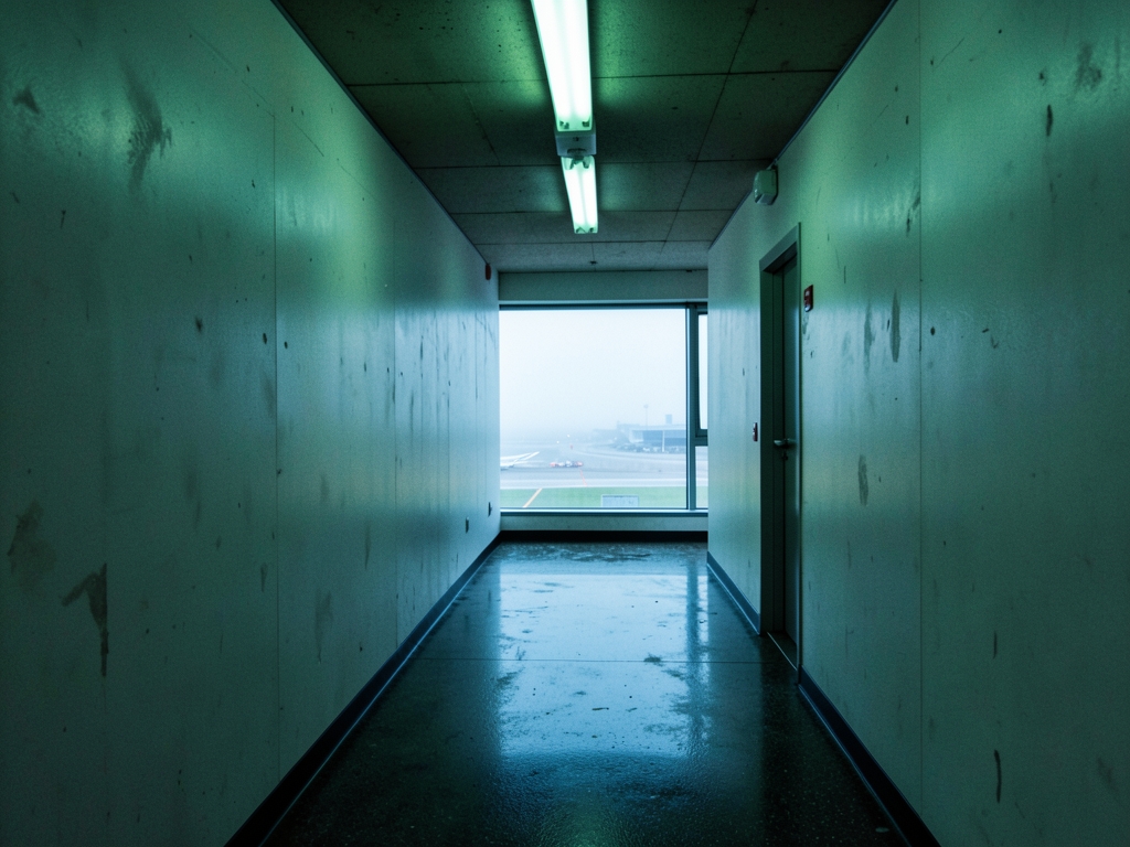 narrow transit corridor European airport dawn with pale