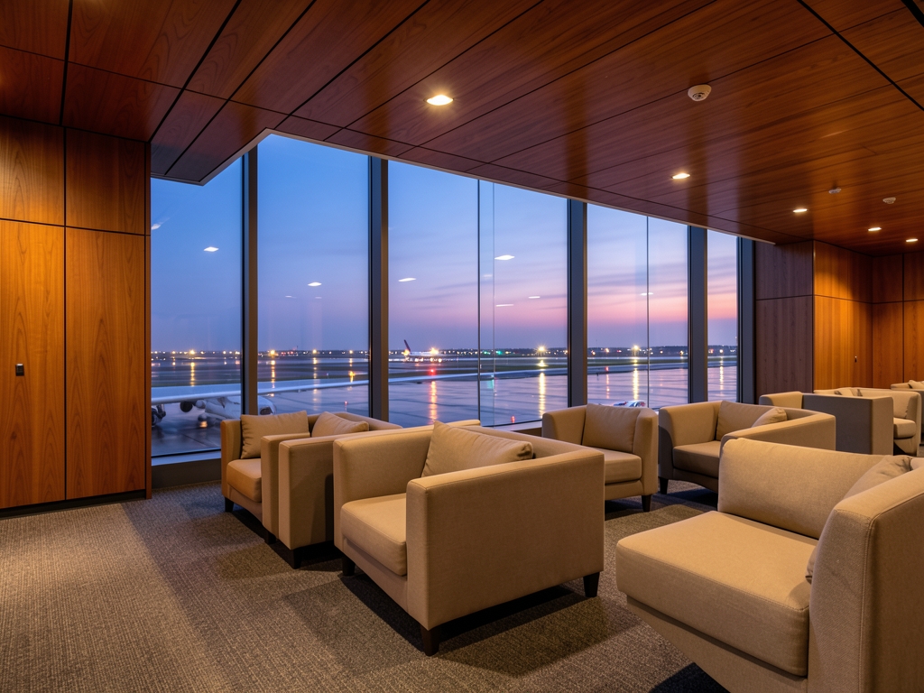 Modern airport terminal lounge with floor to ceiling glass warm