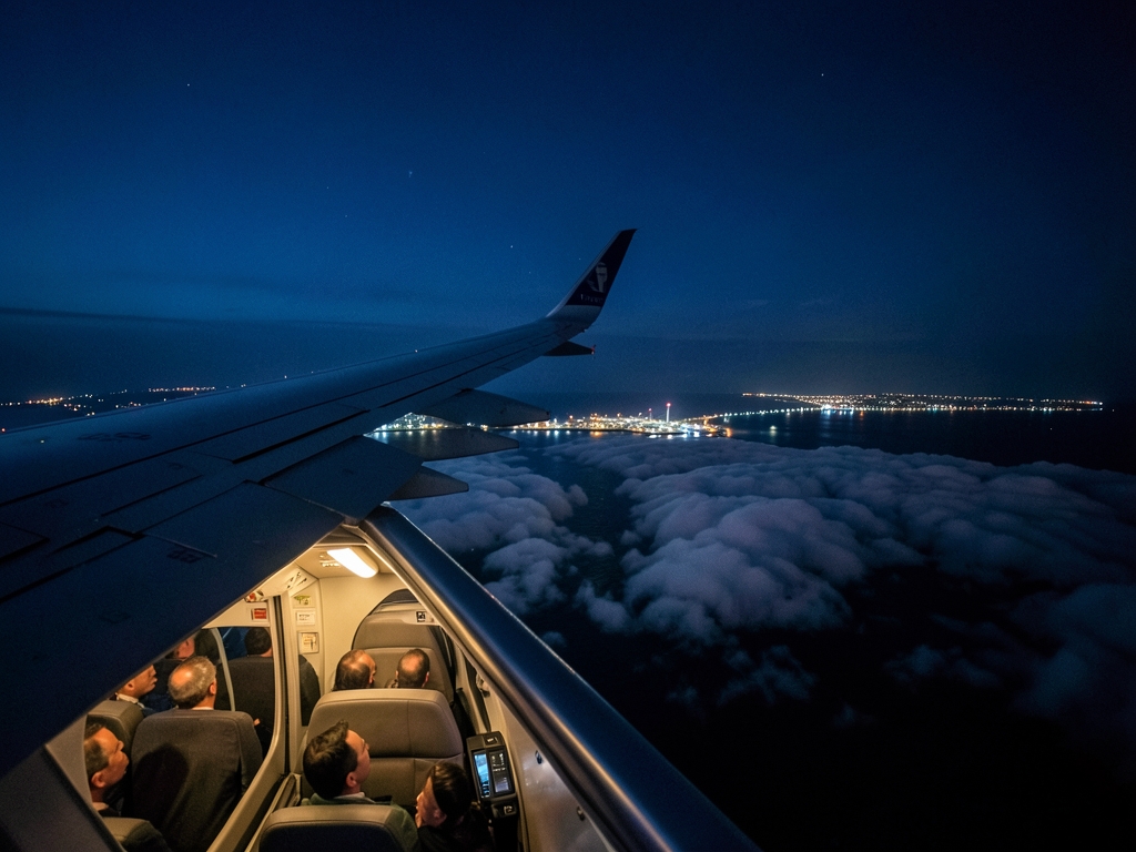 nighttime departure above Atlantic toward JFK layered clouds