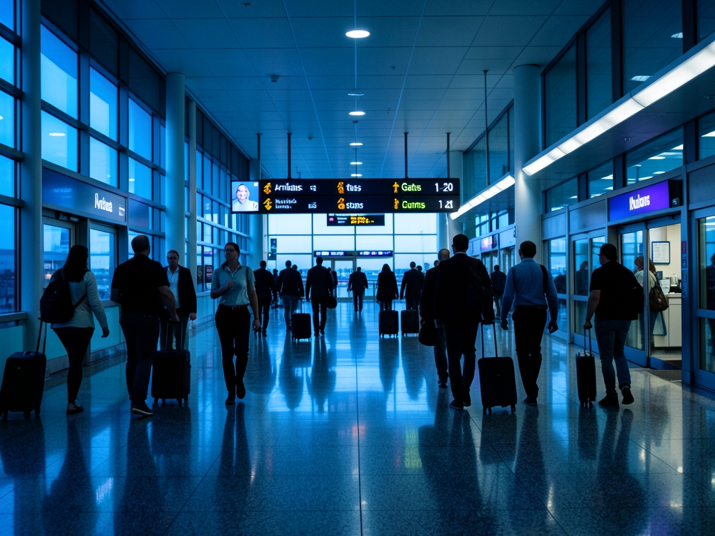 London airport arrivals corridor twilight polished floors silhouettes