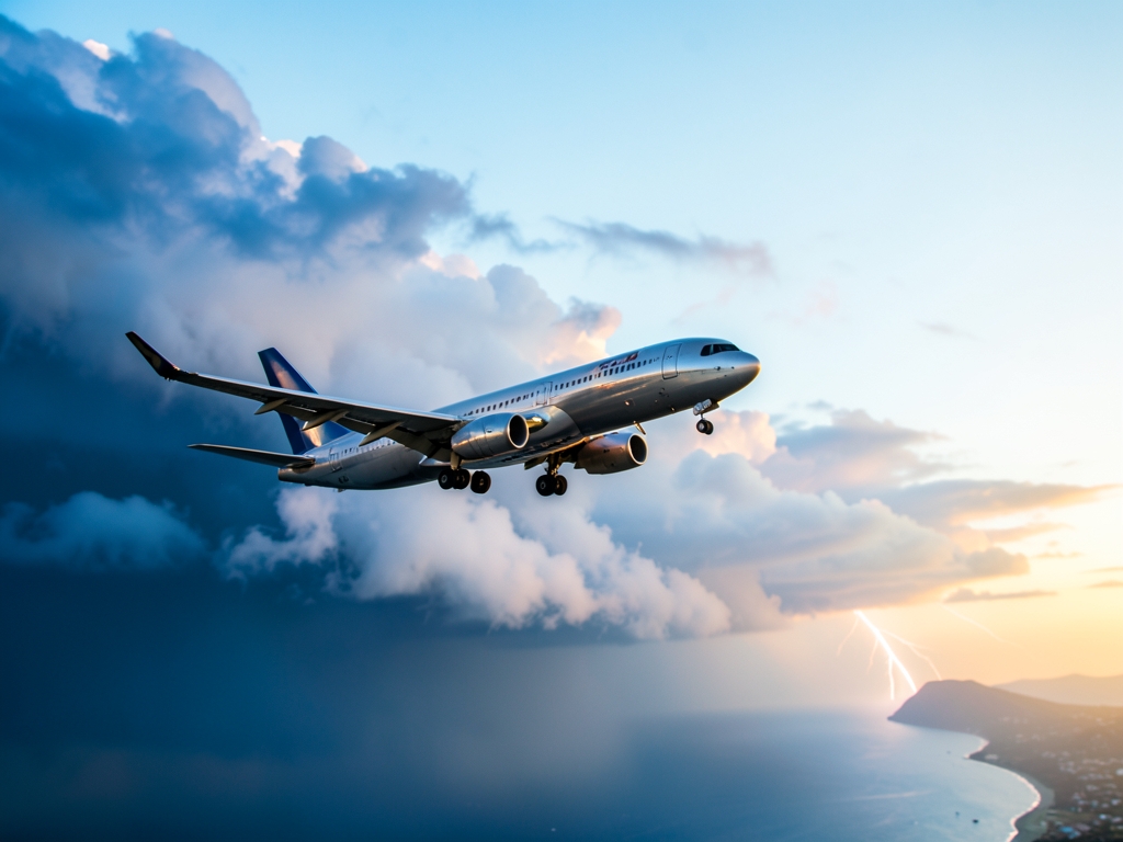 High above summer storm sleek airliner crosses pale