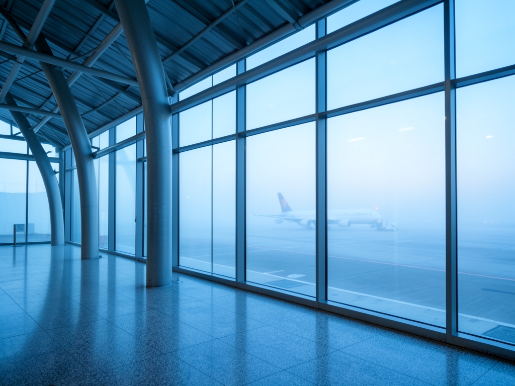 Quiet airport terminal with wide windows overlooking misty