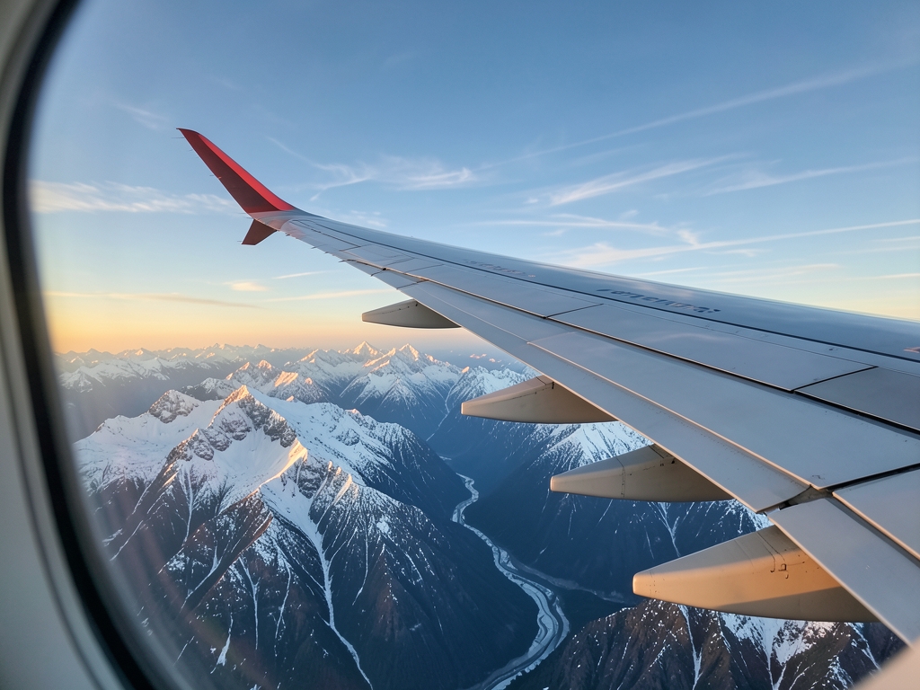 Wide airplane wing above snow capped mountains sunrise soft