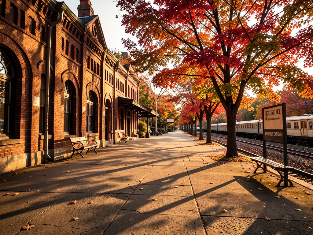 open air train station platform Knoxville surrounded autumn foliage