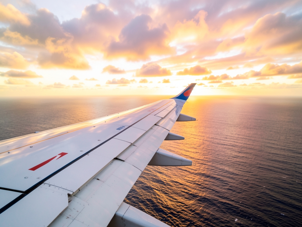 Airliner wing over Pacific Ocean sunset golden clouds