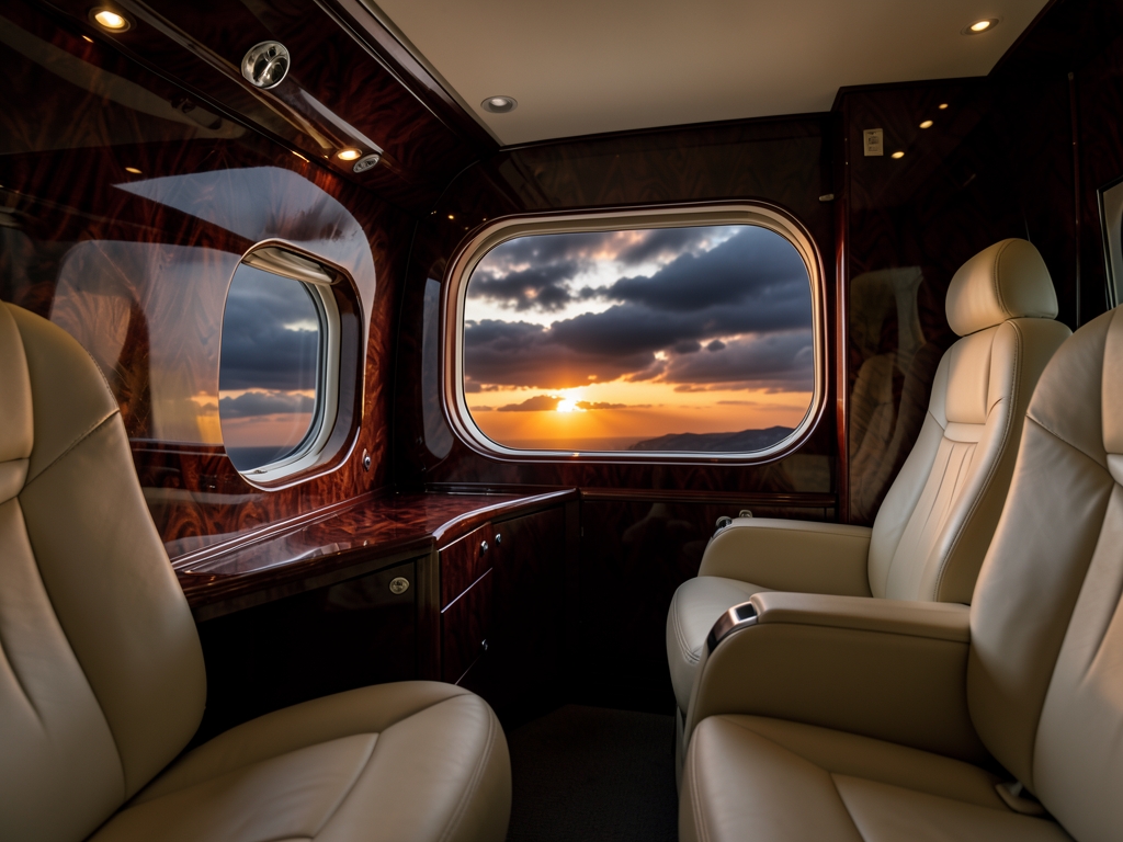 opulent aircraft cabin with wide panoramic window outside