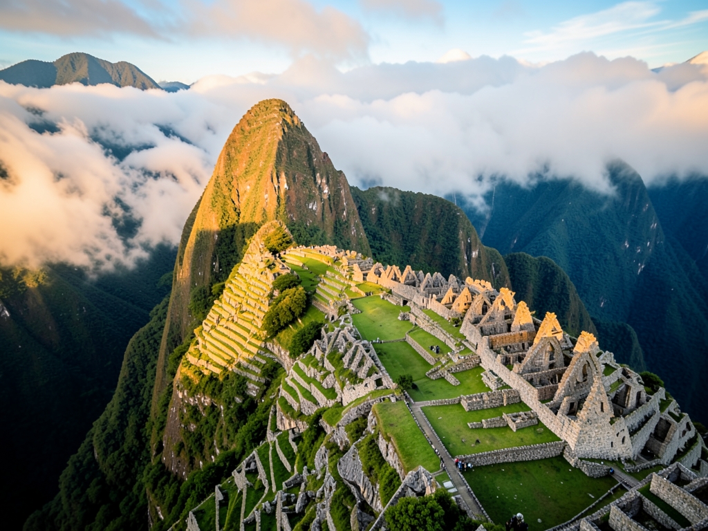 Machu Picchu emerging through soft tropical clouds above