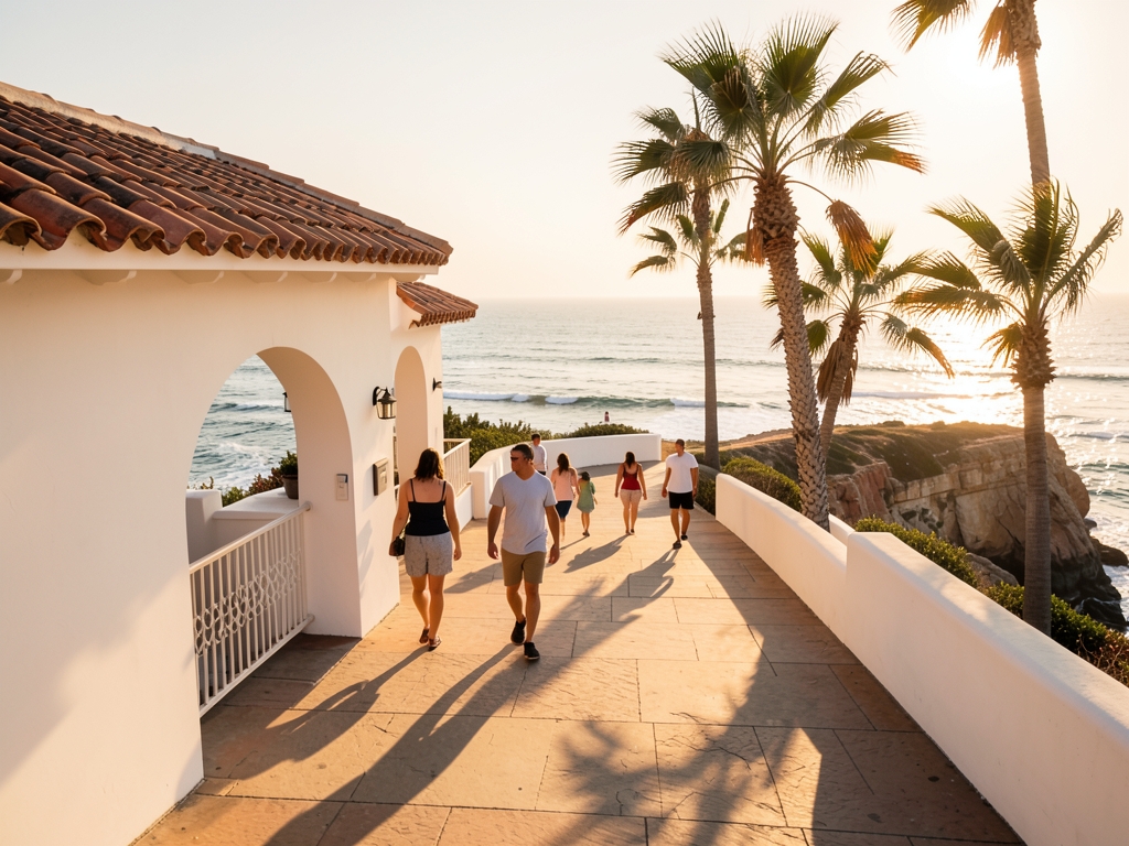 Golden afternoon Laguna Beach bluff pathway visitors strolling
