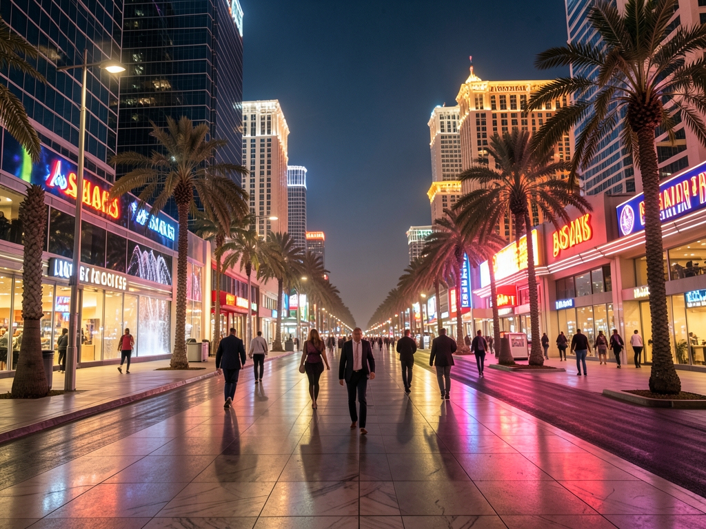 wide neon lit Vegas Strip boulevard dusk towering glass