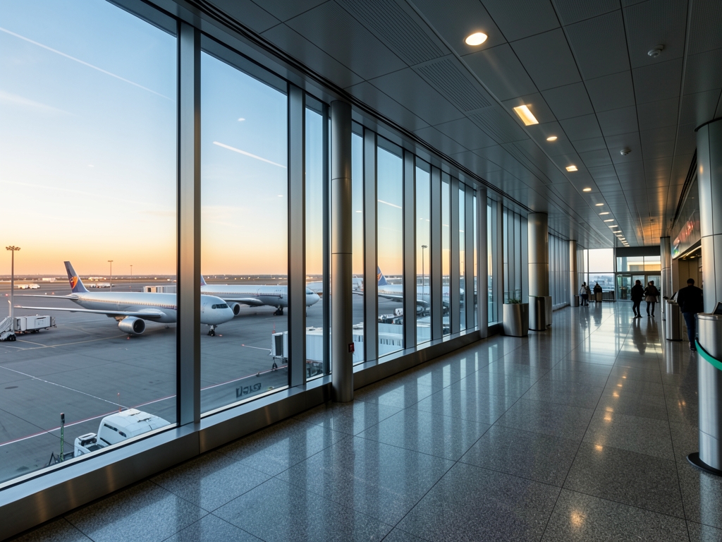 Spacious modern airport concourse with glass walls overlooking