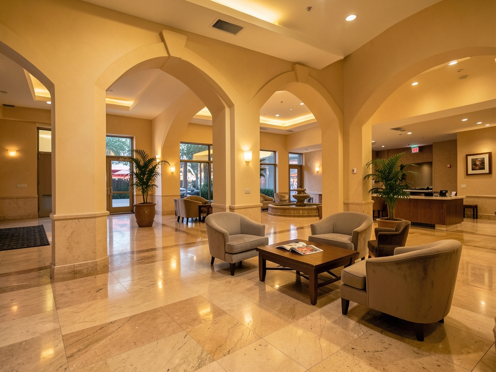 quiet nearly empty Vegas hotel lobby polished stone