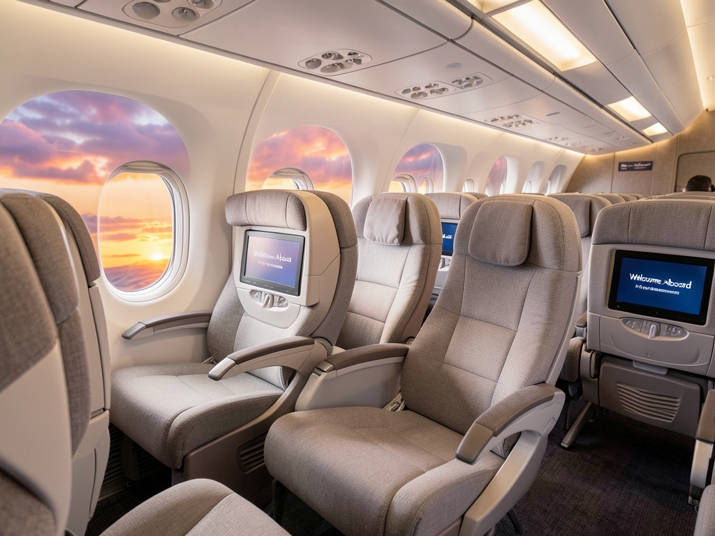 Modern premium economy airplane cabin with rows spacious