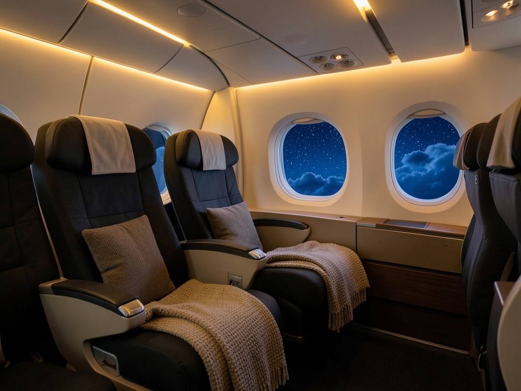 Sleek airplane cabin interior night with softly glowing
