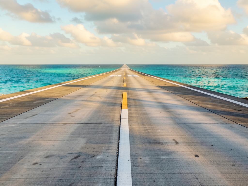 Endless runway stretching toward turquoise ocean waters with