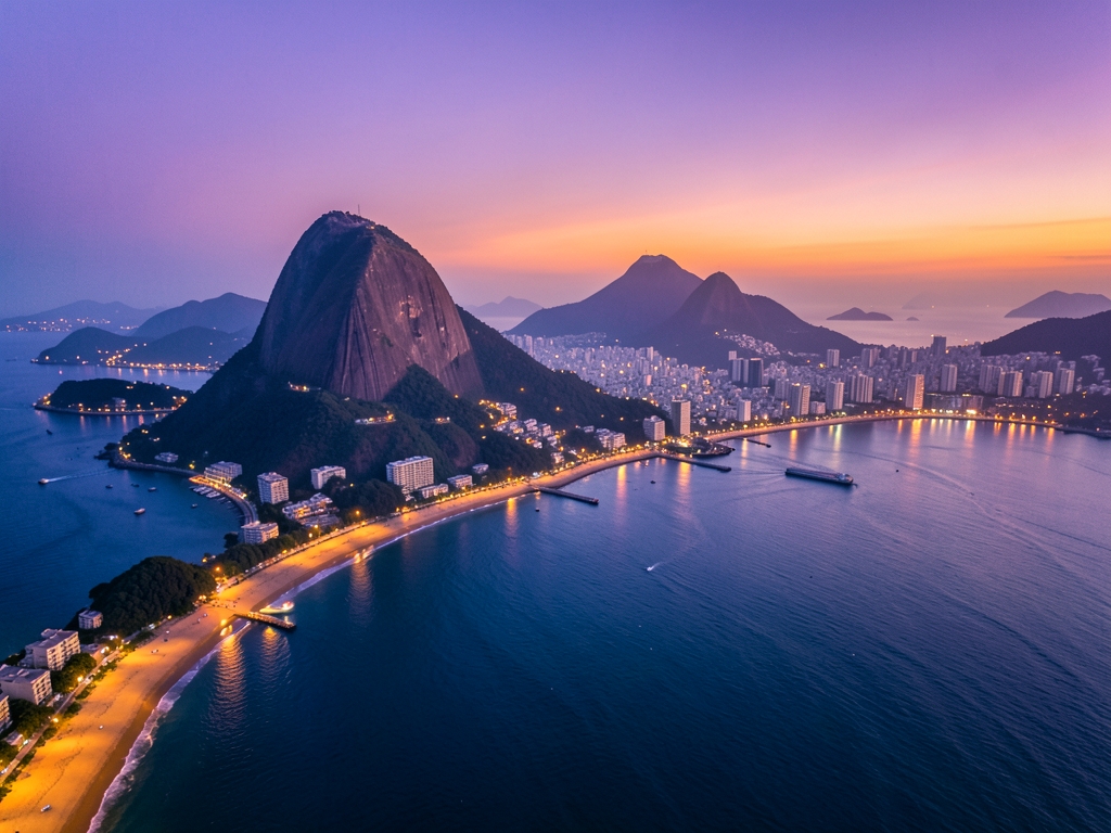 Aerial view Janeiro dusk Sugarloaf Mountain rising from