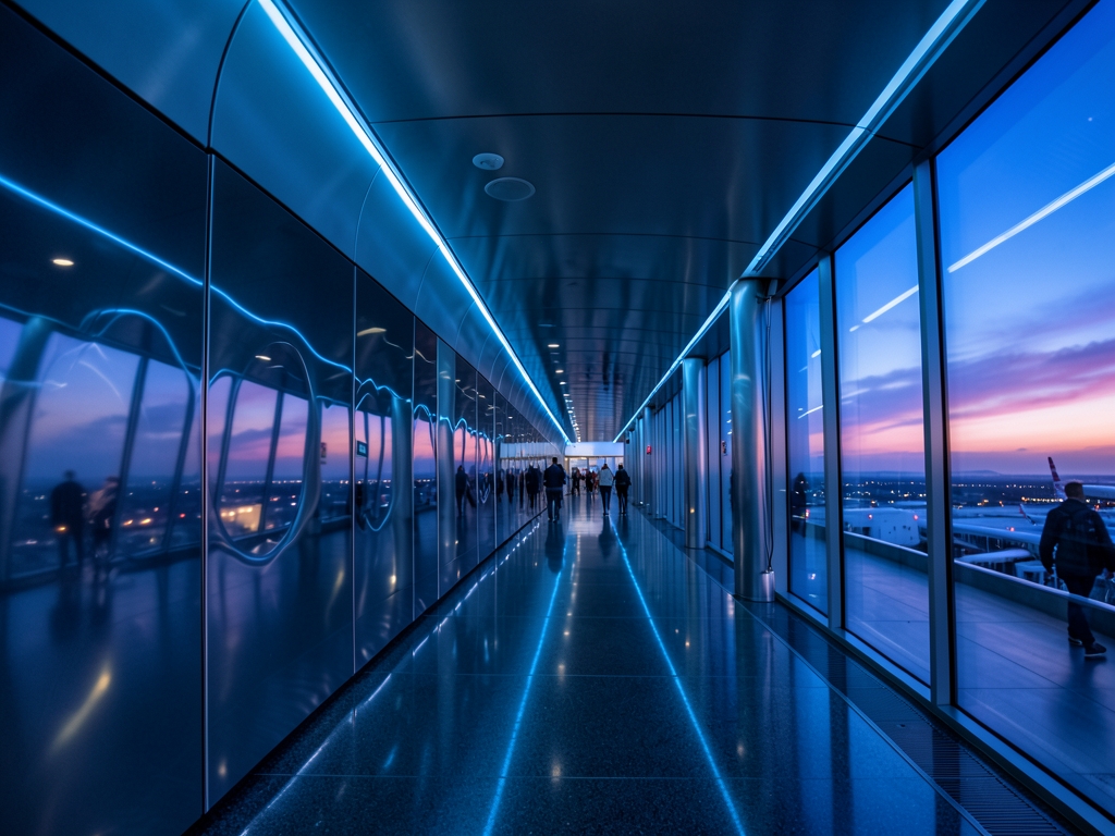 Futuristic sleek airport corridor with reflective metallic surfaces