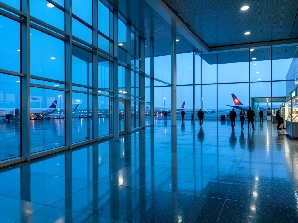 sleek European airport concourse under soft blue twilight