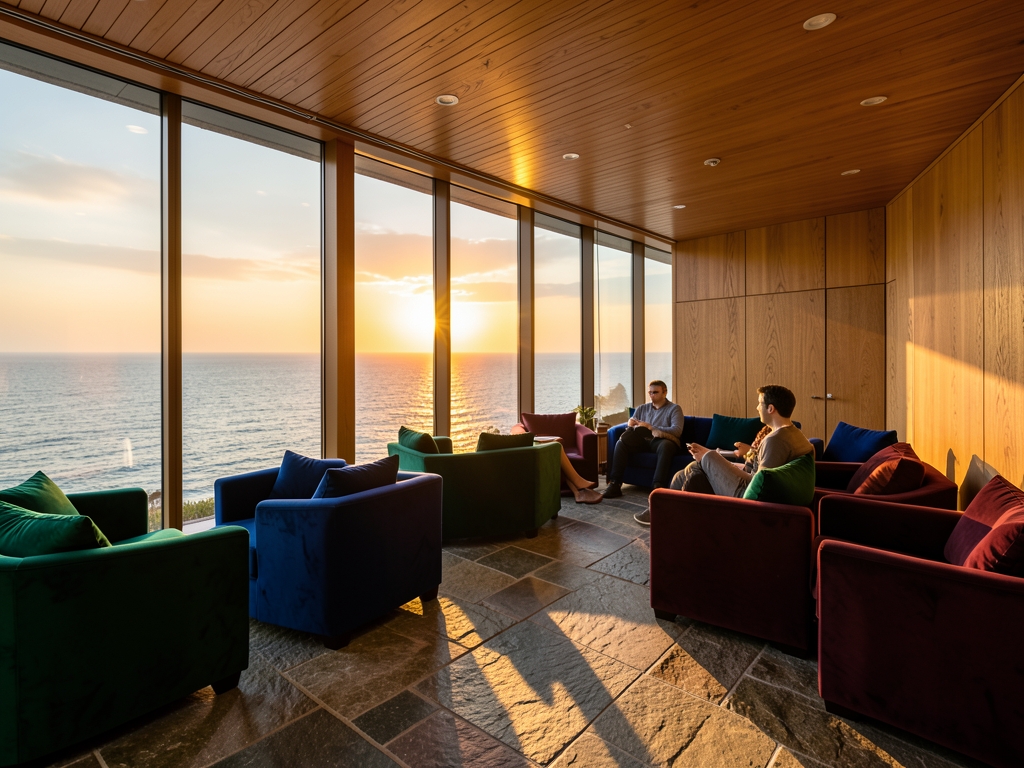 Elevated lounge space featuring warm paneling plush velvet