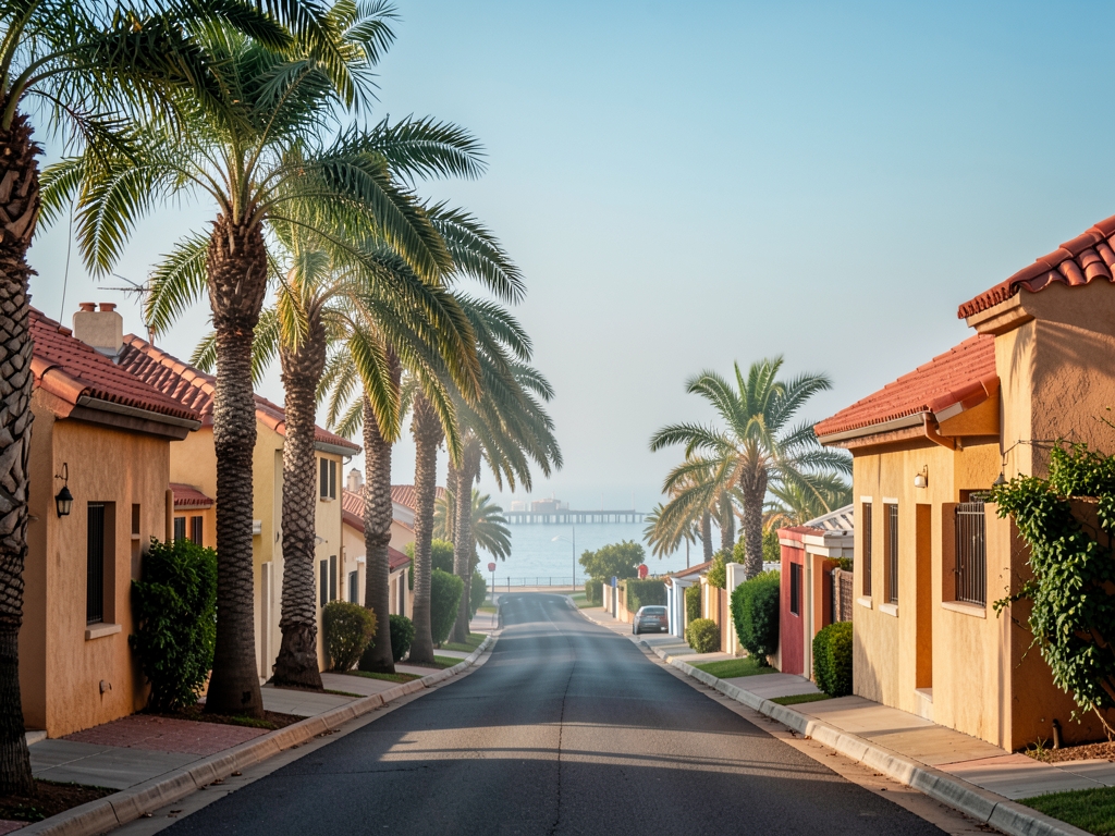 Sun drenched palm lined streets curve gently through residential neighborhood