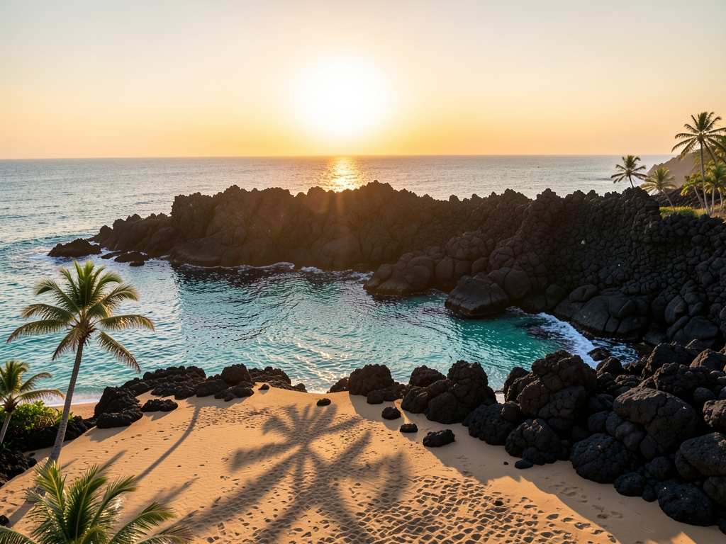 Hawaiian volcanic coastline sunset black lava rock turquoise