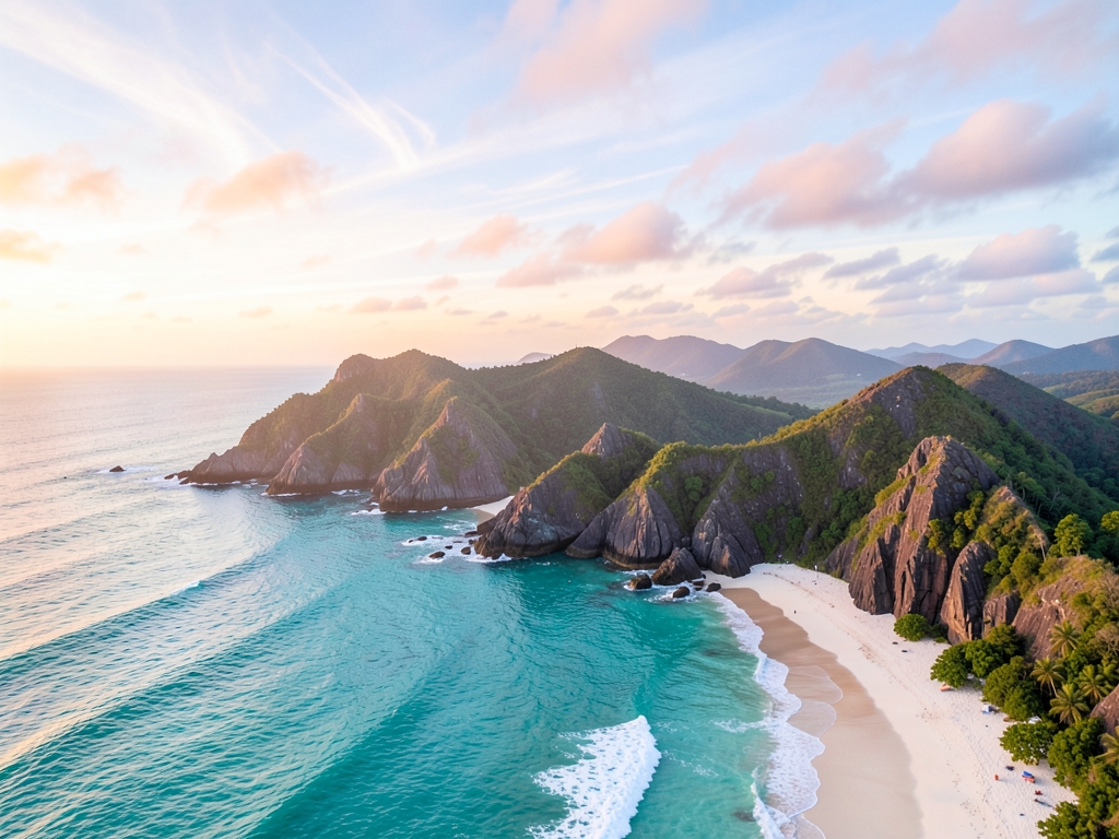 Aerial view Hawaiian island coastline dawn turquoise ocean