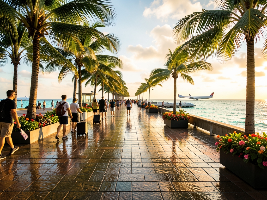 open air Honolulu airport arrival walkway golden hour stone
