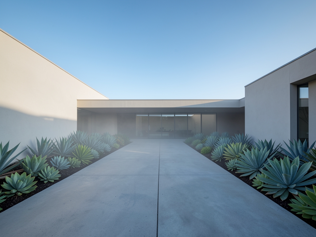 Wide angle view minimalist airport adjacent resort courtyard featuring geometric