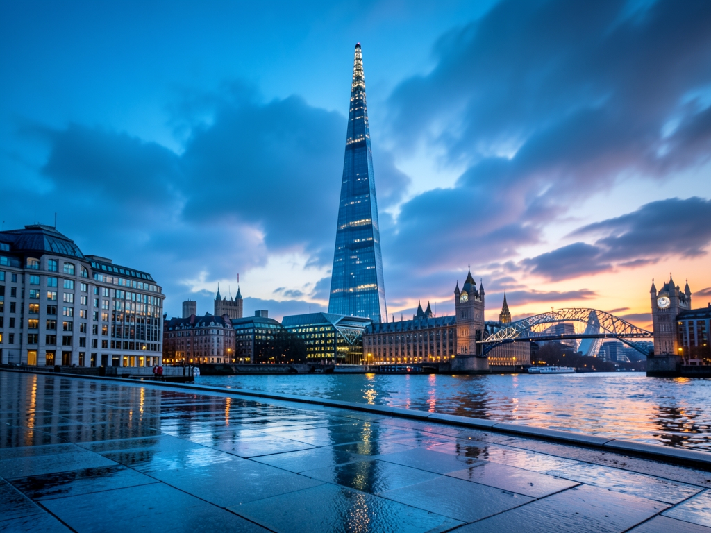 Twilight view London skyline across river with Shard