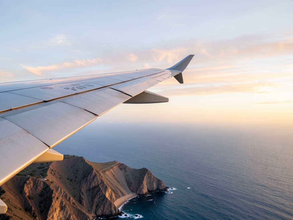 Commercial airplane wing above California coastline sunset ocean