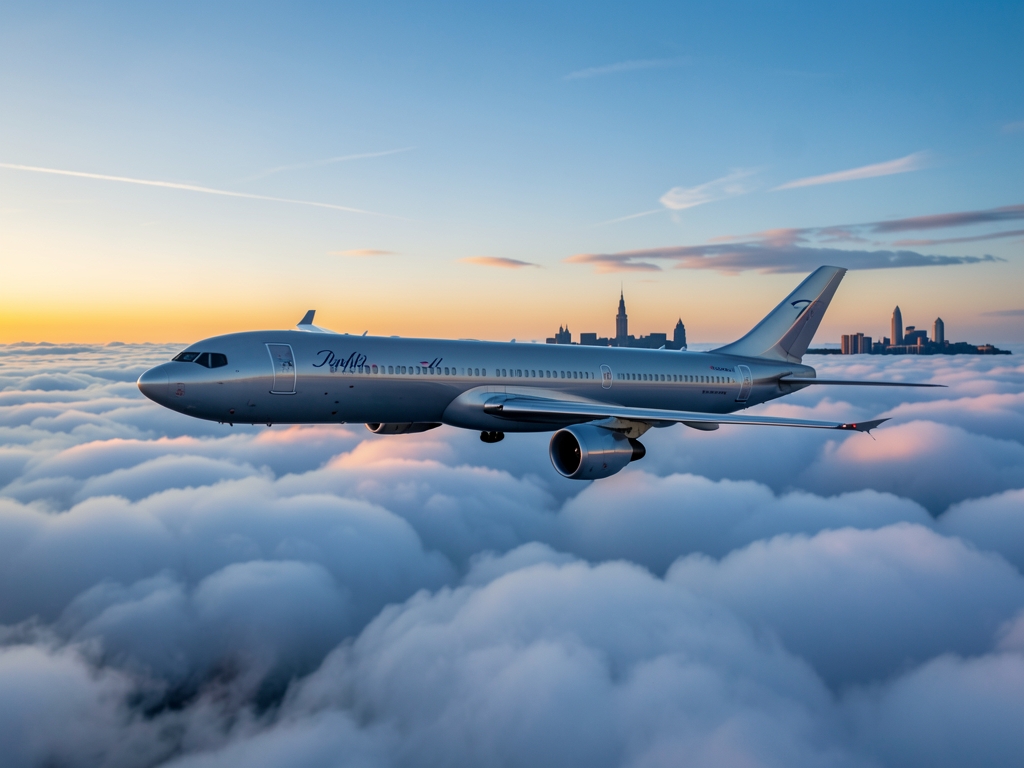 Wide shot sleek aircraft silhouette gliding above cloud