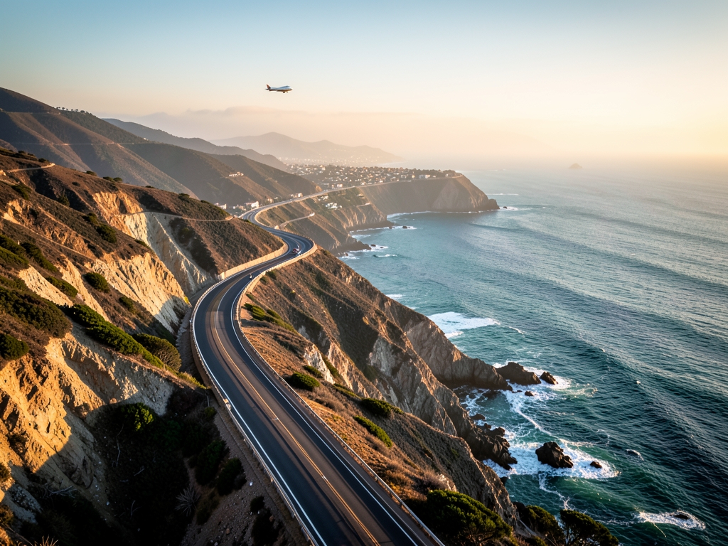 Golden hour California coastal highway winding toward Monterey with