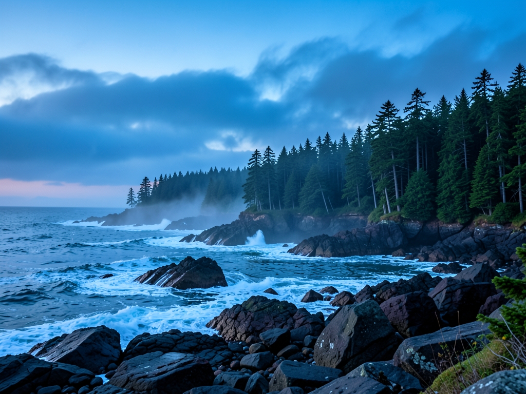 misty Pacific Northwest coastline twilight with clouds drifting