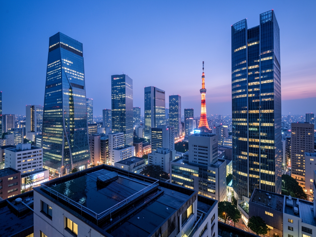 Tokyo skyline twilight with glass skyscrapers rooftops cool