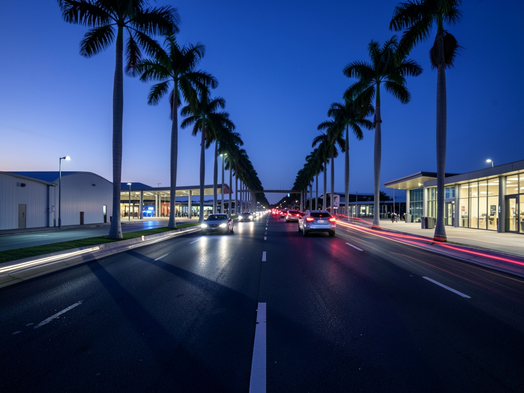 Dusk settles over network asphalt corridors palm lined medians