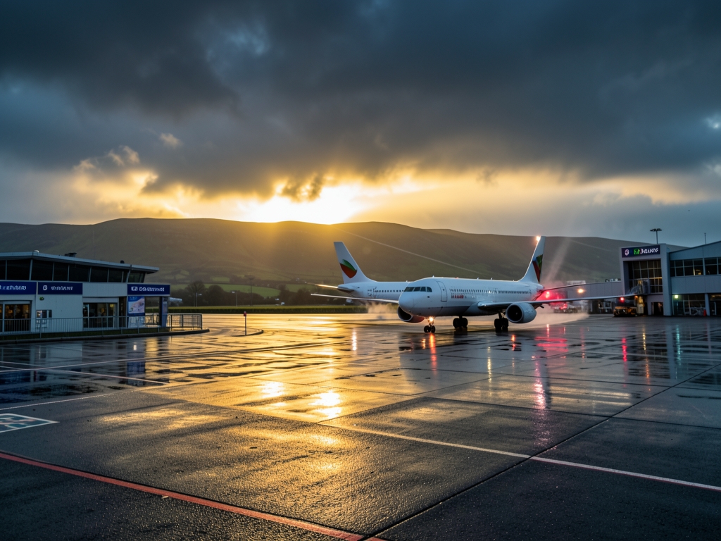 evening arrival Edinburgh airport seen from tarmac golden