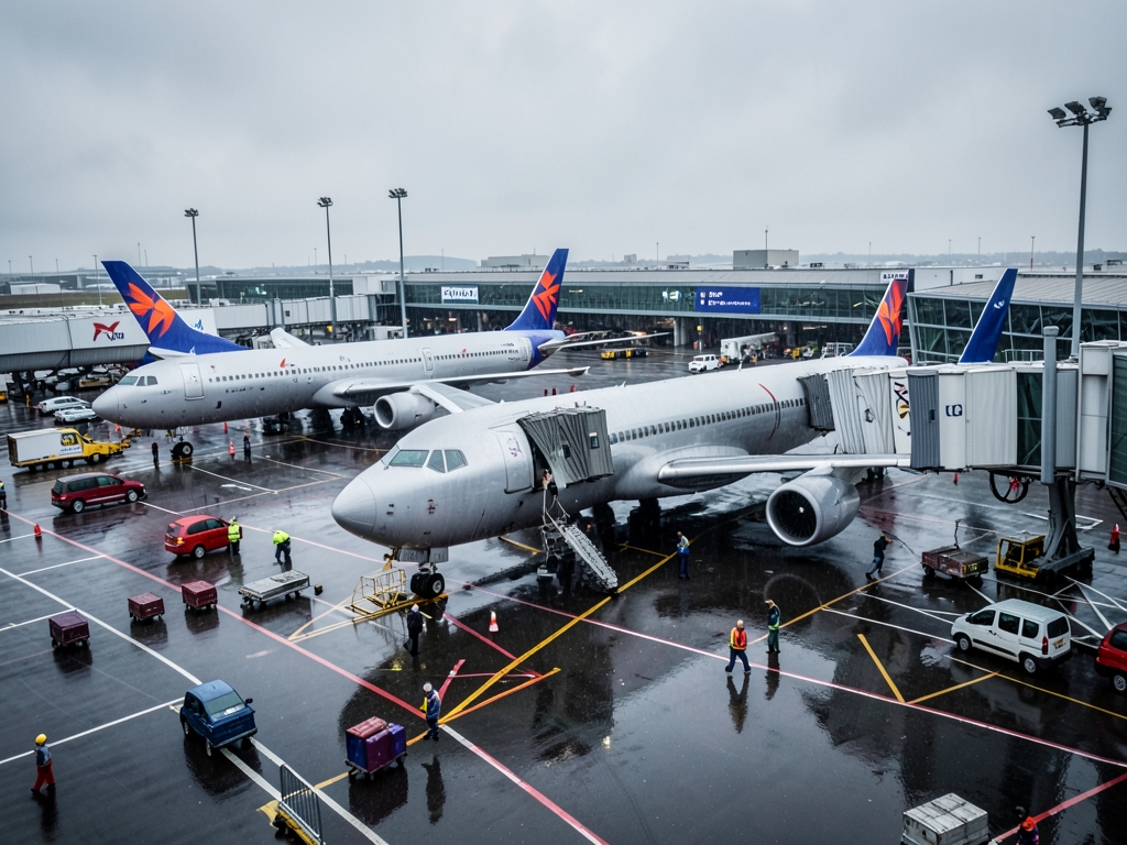 Heathrow airfield grey rainy weather with aircraft gates