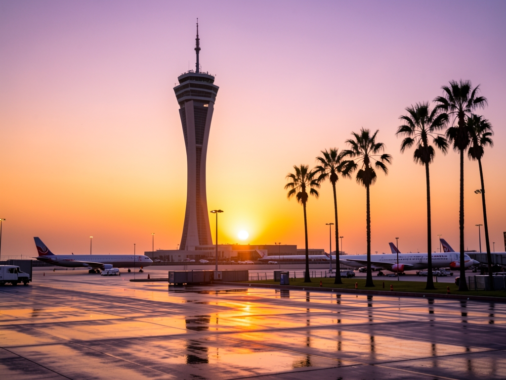 Angeles airport golden dusk sleek control tower silhouetted