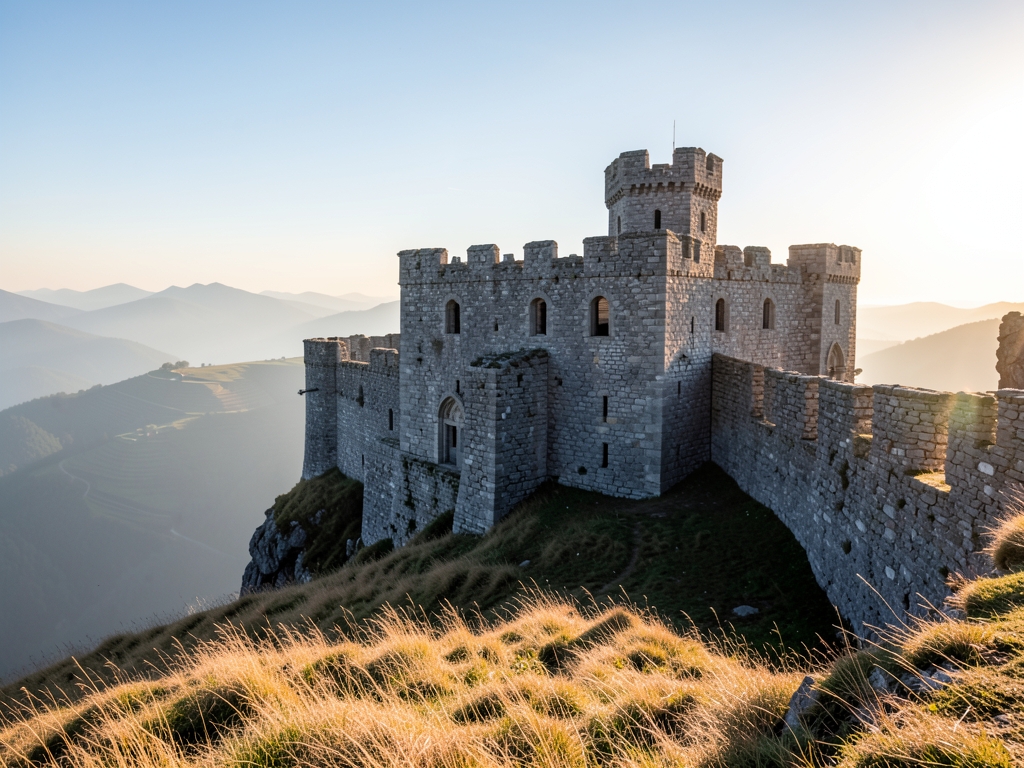 Sunlit stone walls mountain fortress misty ridge golden