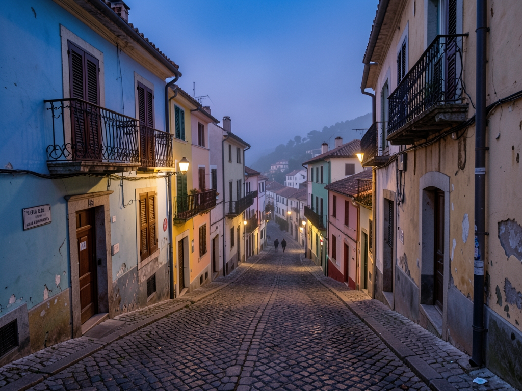 steep winding cobblestone street descending through Lisbon blue