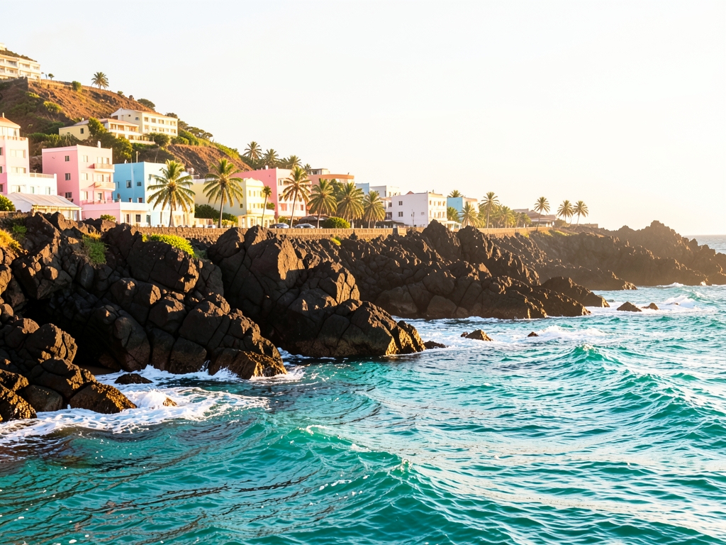 Praia s volcanic shoreline with pastel buildings turquoise sea