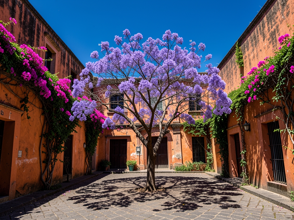 Mexico City colonial courtyard midday terracotta walls bougainvillea