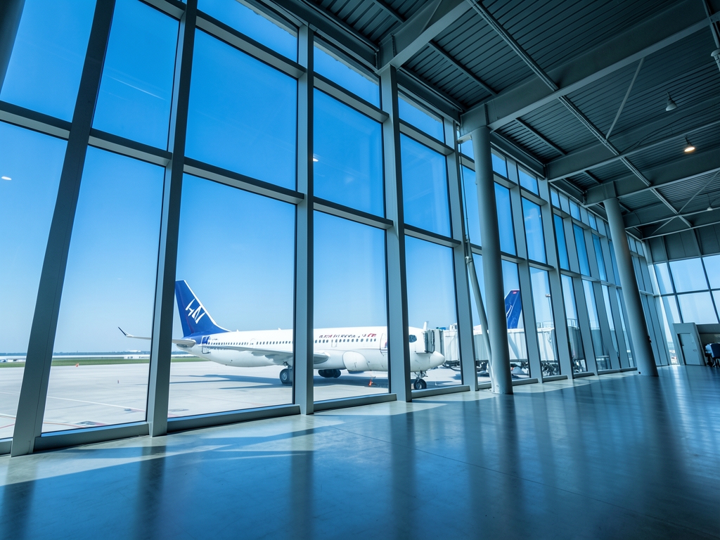 Modern glass terminal interior with floor to ceiling windows revealing